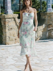 Lipsy Green Printed Halter Keyhole Tiered Midi Dress - Image 1 of 4