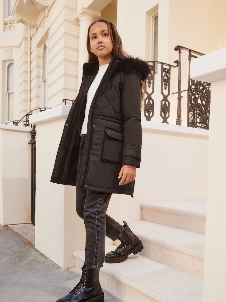 Lipsy Black Shower Resistant Padded Parka School Coat - Image 2 of 5