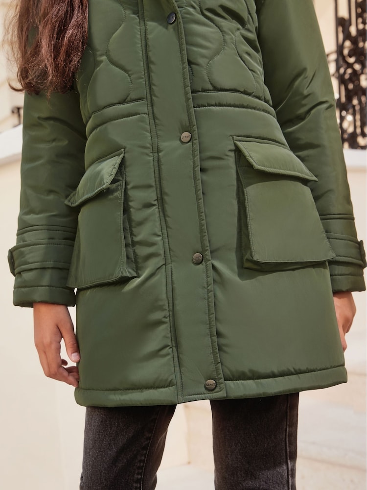 Lipsy Khaki Green Shower Resistant Padded Parka School Coat - Image 4 of 4