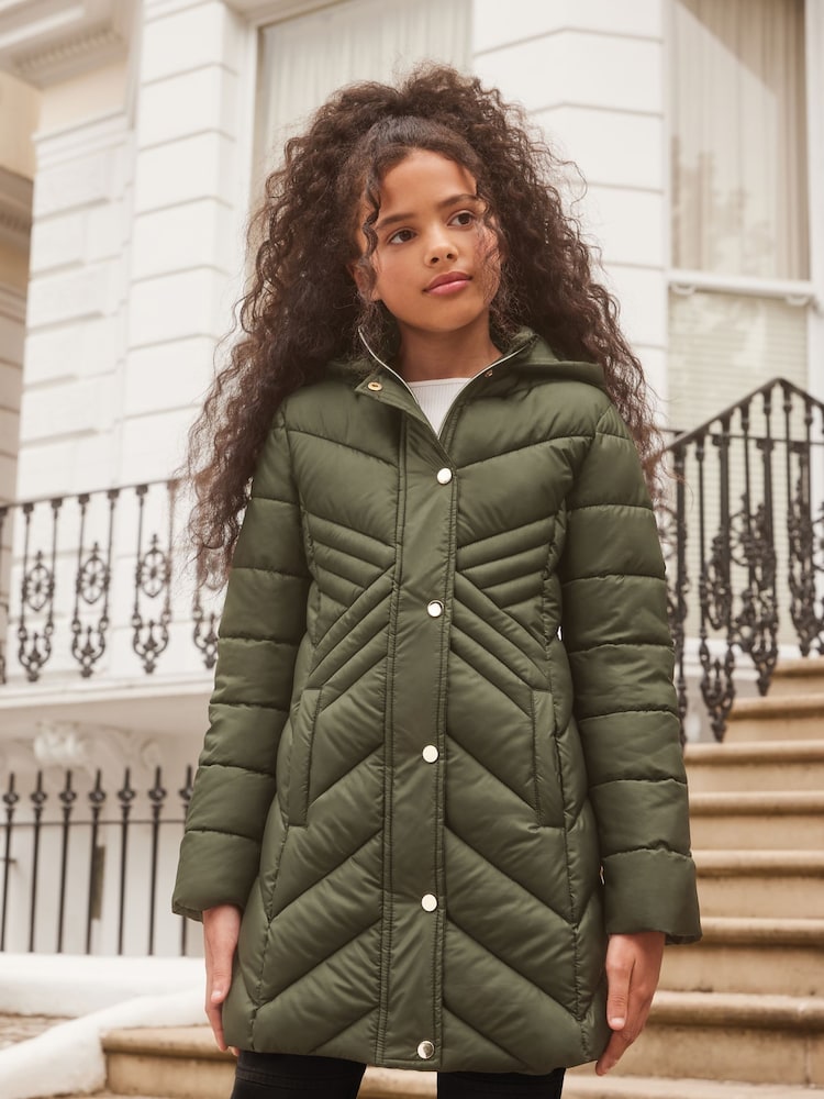 Khaki - Lipsy Lightweight Longline Padded School Coat - Image 3 of 4