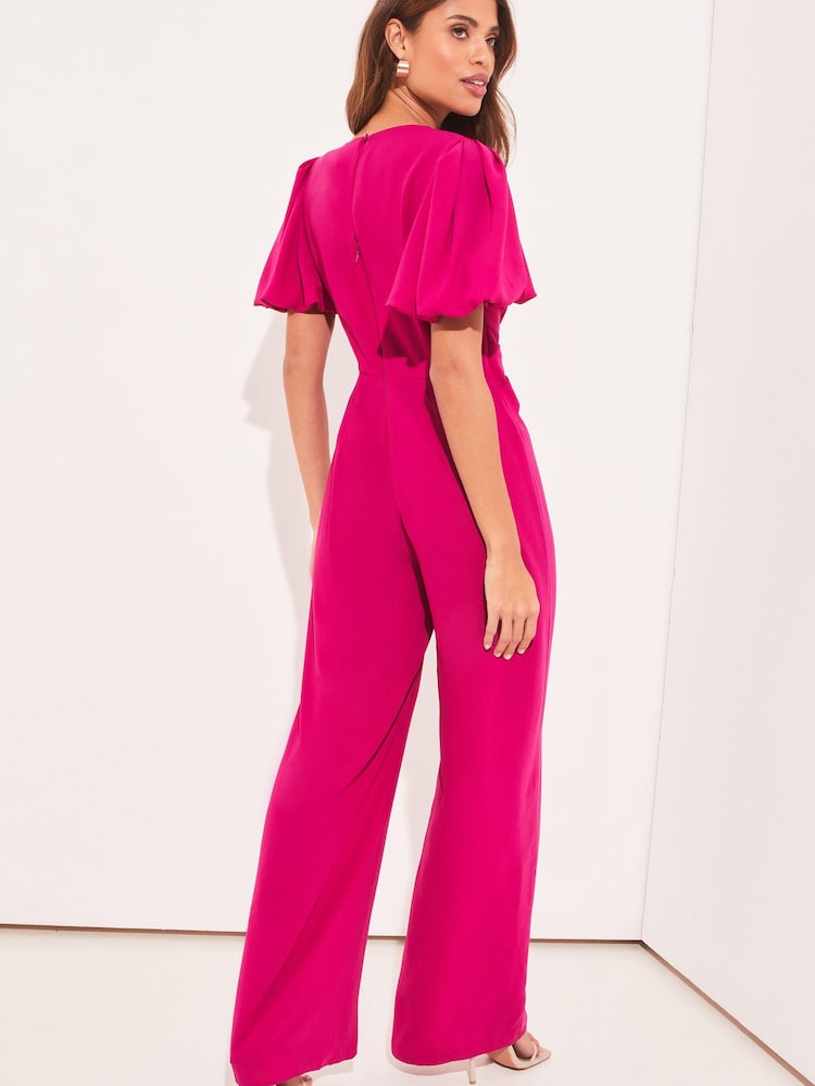 Lipsy Purple V Neck Puff Sleeve Ring Detail Summer Straight Leg Jumpsuit - Image 2 of 4 Lipsy Purple V Neck Puff Sleeve Ring Detail Summer Straight Leg Jumpsuit - Image 2 of 4