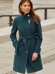 Lipsy Teal Green Petite Military Button Wrap High Neck Belted Coat - Image 1 of 4