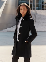 Lipsy Black Faux Fur Collar Military Button Coat - Image 1 of 4