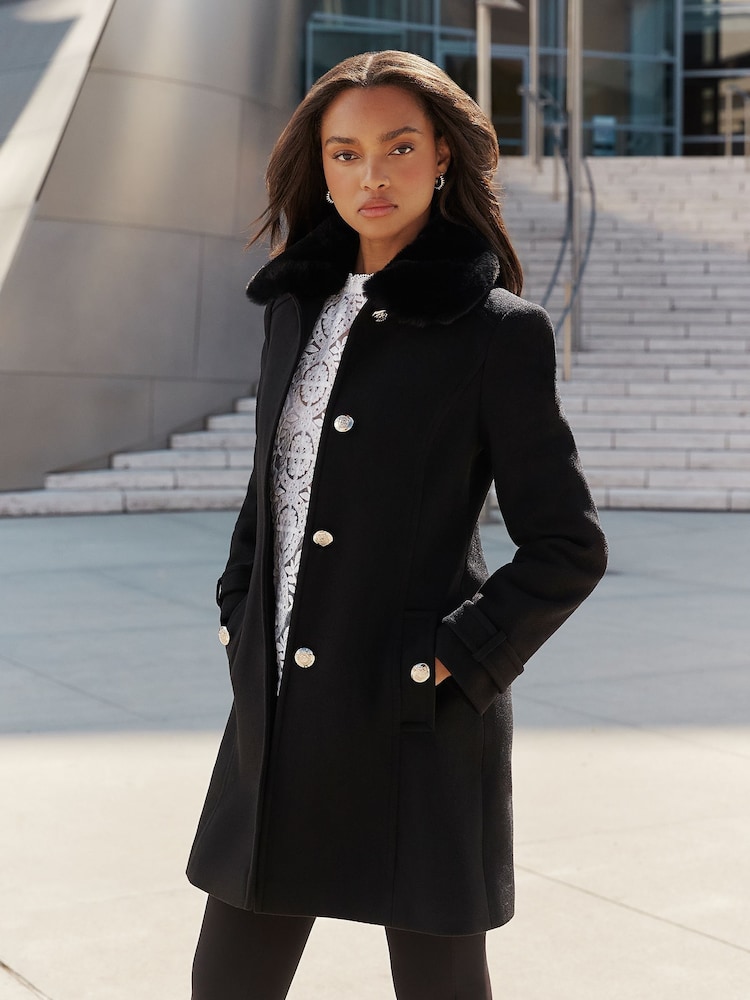 Lipsy Black Faux Fur Collar Military Button Coat - Image 1 of 4