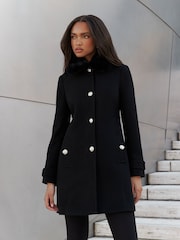 Lipsy Black Faux Fur Collar Military Button Coat - Image 2 of 4
