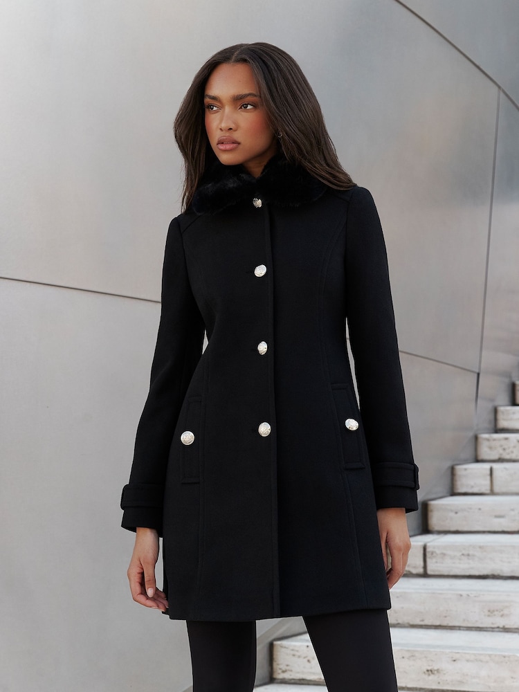 Lipsy Black Faux Fur Collar Military Button Coat - Image 2 of 4