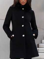Lipsy Black Faux Fur Collar Military Button Coat - Image 3 of 4