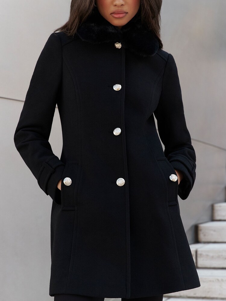 Noir - Lipsy Manteau militaire boutonné avec col en fausse fourrure - Image 3 of 4