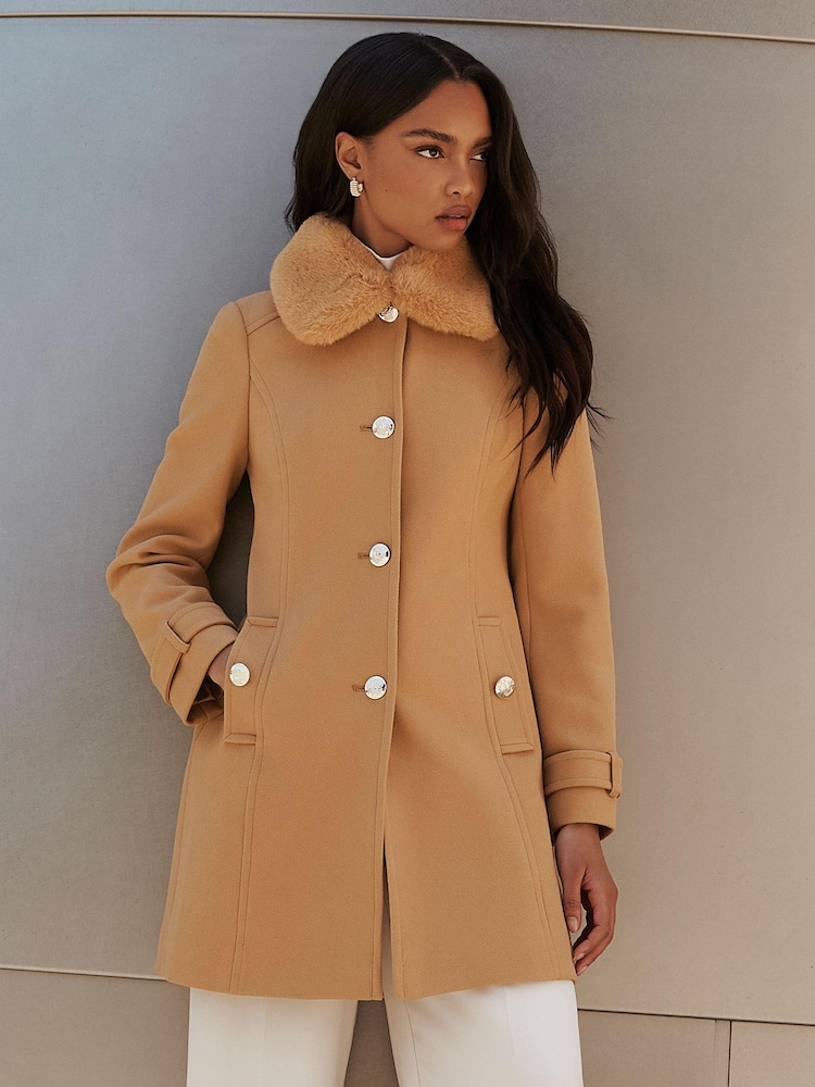 Lipsy Camel Faux Fur Collar Military Button Coat - Image 1 of 4