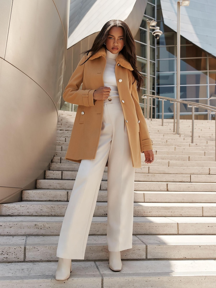 Lipsy Camel Faux Fur Collar Military Button Coat - Image 4 of 4