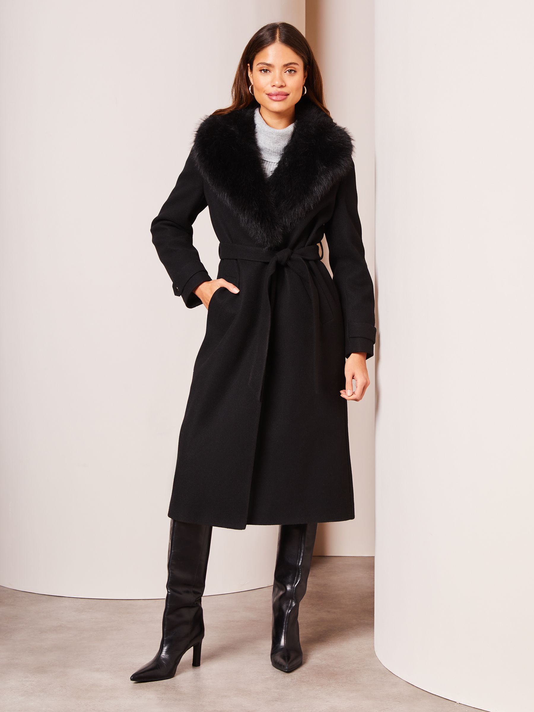 Buy Lipsy Black Faux Fur Collar Belted Longline Wrap Coat from Next Luxembourg