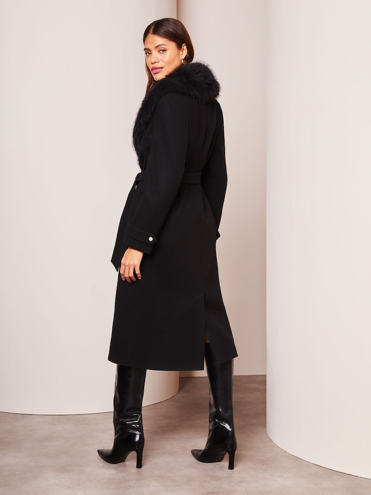 Lipsy Black Faux Fur Collar Belted Longline Wrap Coat - Image 2 of 4