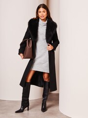 Lipsy Black Faux Fur Collar Belted Longline Wrap Coat - Image 3 of 4