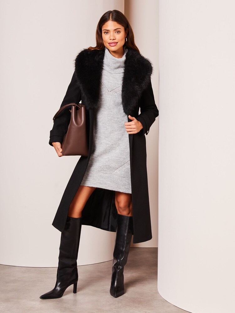 Lipsy Black Faux Fur Collar Belted Longline Wrap Coat - Image 3 of 4