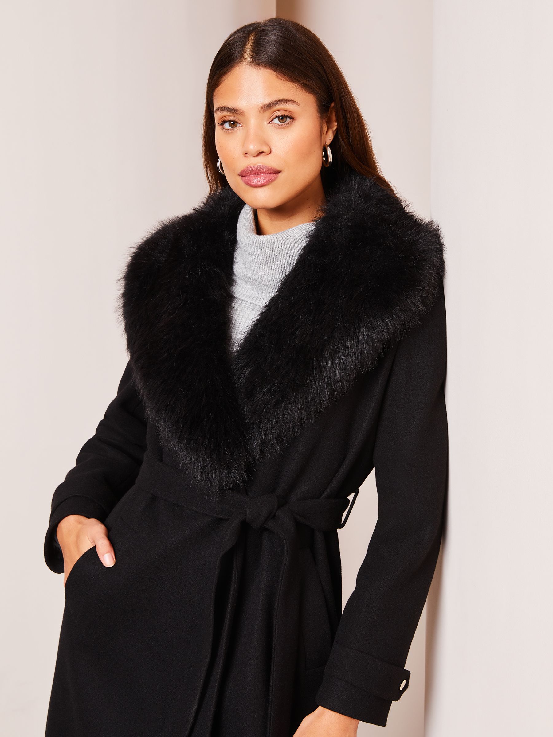 Black faux fur collar belted coat hot sale