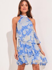 Lipsy Blue Print Metallic Halter Tiered Mini Dress - Image 1 of 4