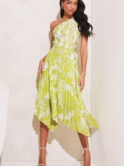 Lipsy Green One Shoulder Belted Pleated Midi Dress - Image 1 of 4