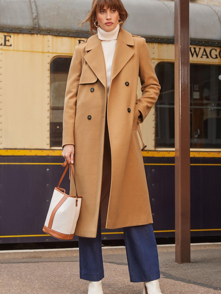 Love & Roses Camel Smart Double Breasted Belted Trench Coat - Image 1 of 4