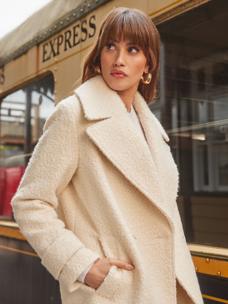 Love & Roses Ivory White Oversized Collar Boucle Pea Coat - Image 3 of 4