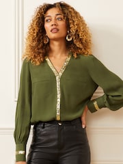 Love & Roses Khaki Green Sequin V Neck Long Sleeve Blouse - Image 1 of 4