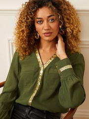 Love & Roses Khaki Green Sequin V Neck Long Sleeve Blouse - Image 3 of 4