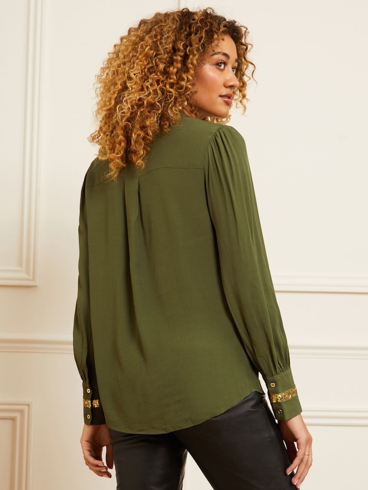 Love & Roses Khaki Green Sequin V Neck Long Sleeve Blouse - Image 4 of 4