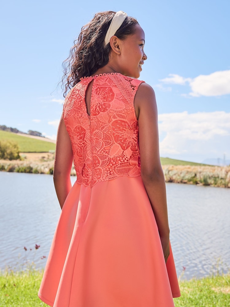 Lipsy Coral Pink Lace Bodice Occasion Dress - Image 2 of 4