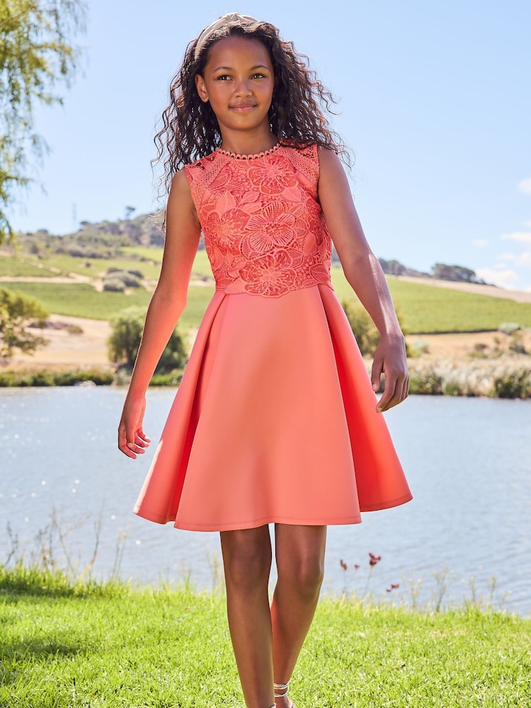 Lipsy Coral Pink Lace Bodice Occasion Dress - Image 3 of 4