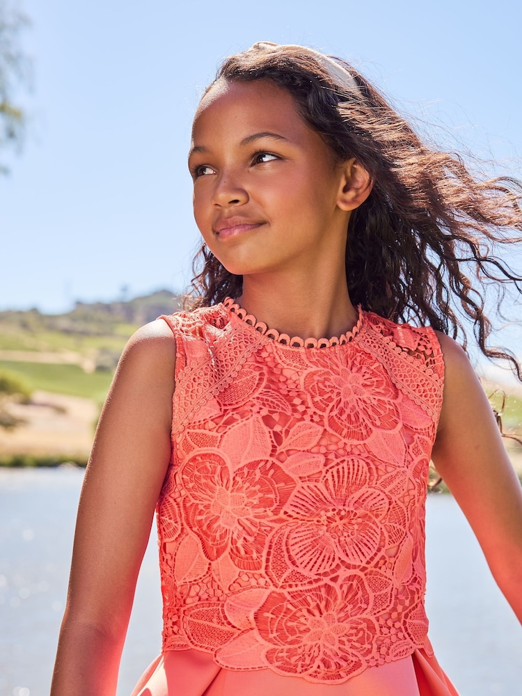 Lipsy Coral Pink Lace Bodice Occasion Dress - Image 4 of 4