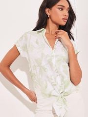 Lipsy Green Print Short Sleeved Tie Front Button Up Shirt - Image 1 of 4
