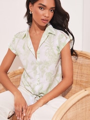 Lipsy Green Print Short Sleeved Tie Front Button Up Shirt - Image 4 of 4