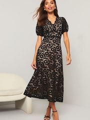 Lipsy Black Lace Prom Scallop V Neck Puff Sleeve Midi Dress - Image 1 of 4