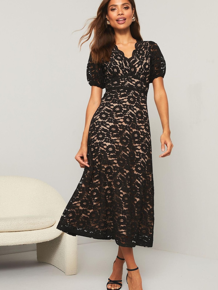 Lipsy Black Lace Prom Scallop V Neck Puff Sleeve Midi Dress - Image 1 of 4