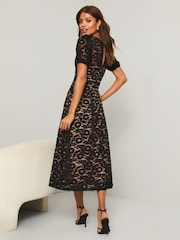 Lipsy Black Lace Prom Scallop V Neck Puff Sleeve Midi Dress - Image 3 of 4