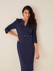 Friends Like These Navy Petite Short Sleeve Belted V Neck Tailored Midi Dress - Image 1 of 4