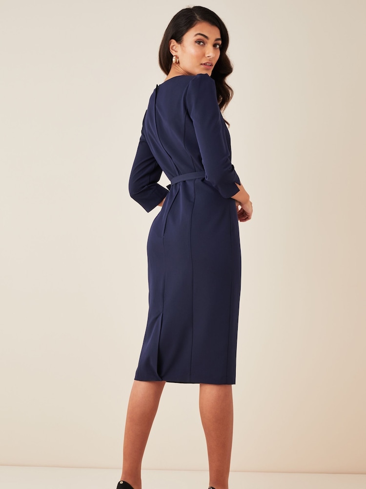 Friends Like These Navy Petite Short Sleeve Belted V Neck Tailored Midi Dress - Image 2 of 4
