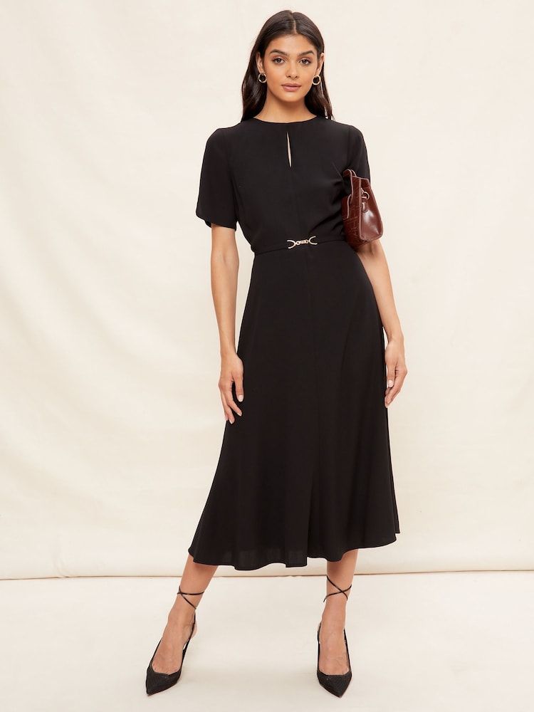 Friends Like These Black Tulip Sleeve Belted Flute Hem Midi Dress - Image 1 of 4
