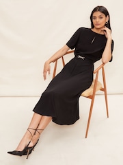 Friends Like These Black Tulip Sleeve Belted Flute Hem Midi Dress - Image 3 of 4