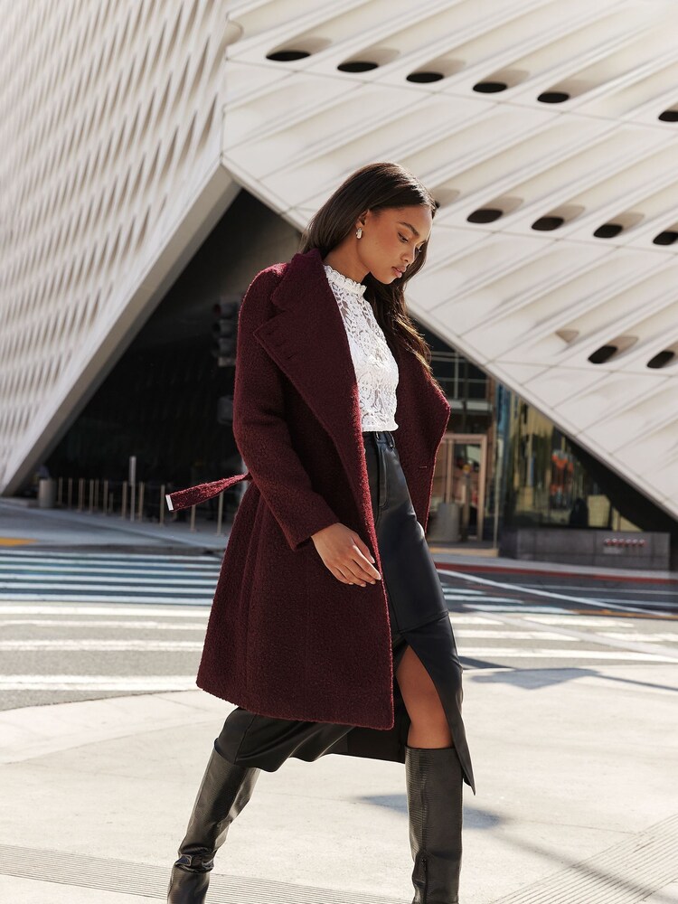Lipsy Berry Red Petite Boucle Smart Wrap Coat - Image 3 of 4