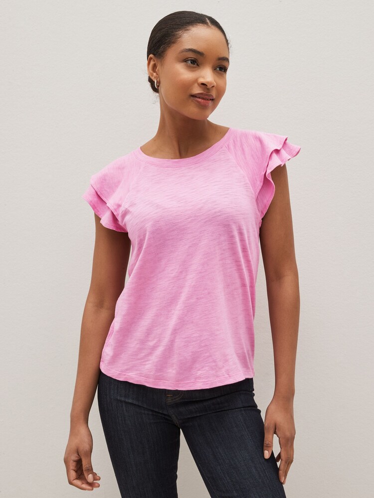 Gap Pink Ruffle Sleeve Crew Neck Smocked T-Shirt - Image 1 of 5 Gap Pink Ruffle Sleeve Crew Neck Smocked T-Shirt - Image 1 of 5