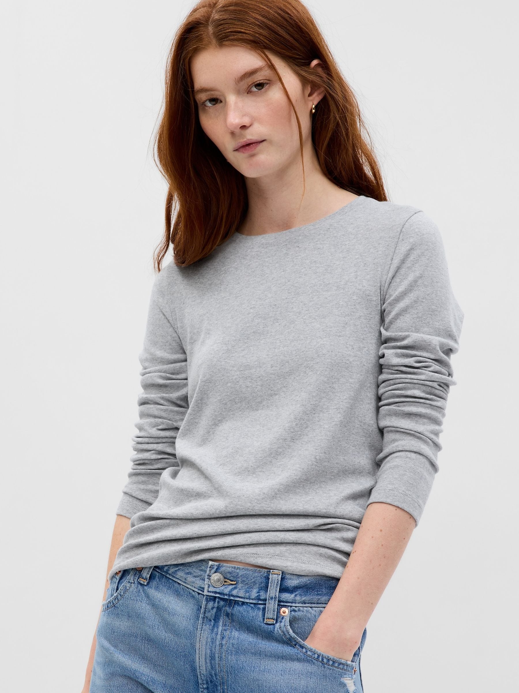 Buy Gap Grey Long Sleeve Modern Cotton Modal Crew Neck T Shirt from Next Luxembourg