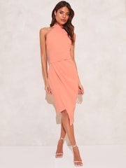 Lipsy Orange Halter Neck Asymmetric Bodycon Dress - Image 3 of 4