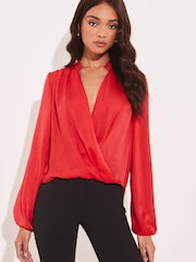 Lipsy Red Grandad Collar Long Sleeve Wrap Blouse - Image 1 of 4