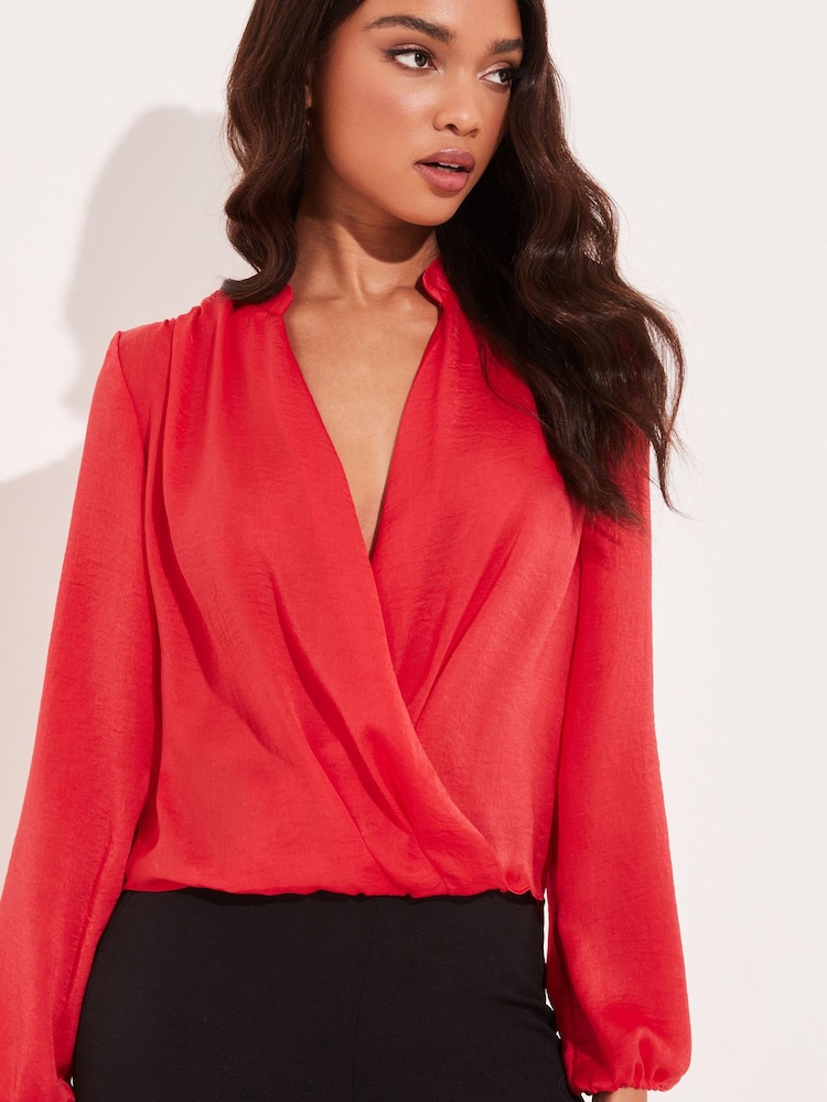Lipsy Red Grandad Collar Long Sleeve Wrap Blouse - Image 4 of 4 Lipsy Red Grandad Collar Long Sleeve Wrap Blouse - Image 4 of 4