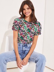 Lipsy Pink Ditsy Floral Ruched Sleeve Top - Image 1 of 4