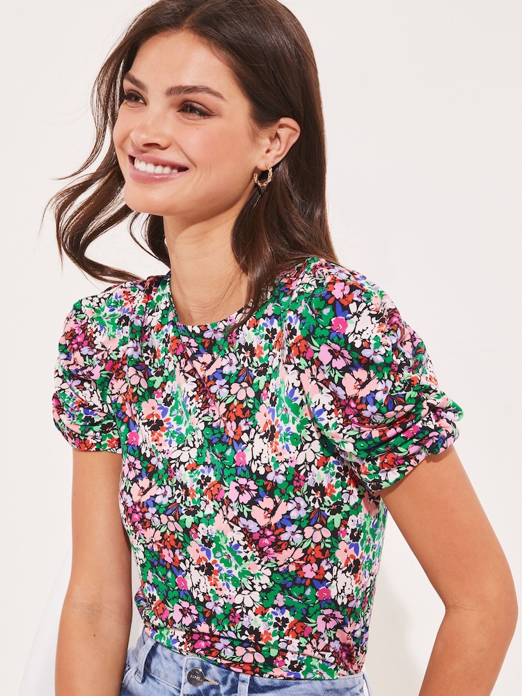 Lipsy Pink Ditsy Floral Ruched Sleeve Top - Image 2 of 4
