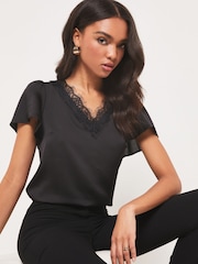 Lipsy Black Satin Lace Trim V Neck Short Sleeve T-Shirt - Image 1 of 4