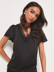 Lipsy Black Satin Lace Trim V Neck Short Sleeve T-Shirt - Image 4 of 4