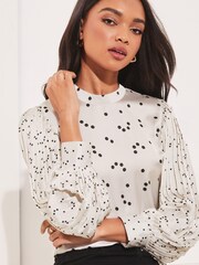 Lipsy Ivory Spot Pleat Sleeve Satin Blouse - Image 1 of 4