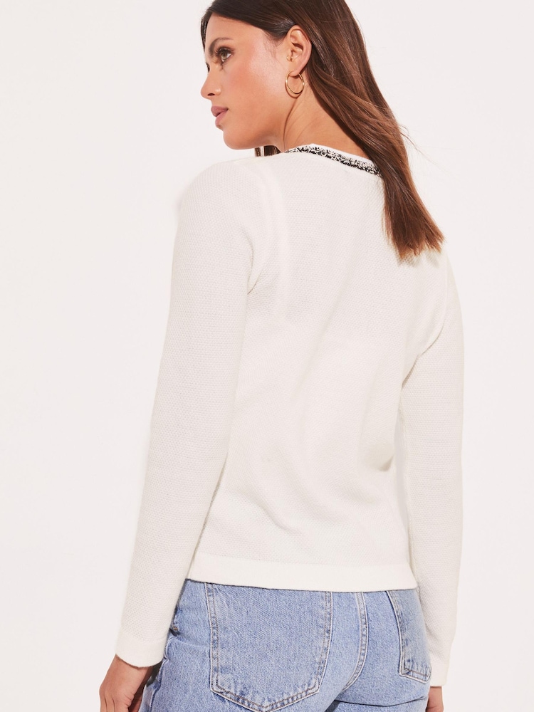 Lipsy Ivory White Tipped Trim Detail Knitted Cardigan - Image 2 of 4 Lipsy Ivory White Tipped Trim Detail Knitted Cardigan - Image 2 of 4